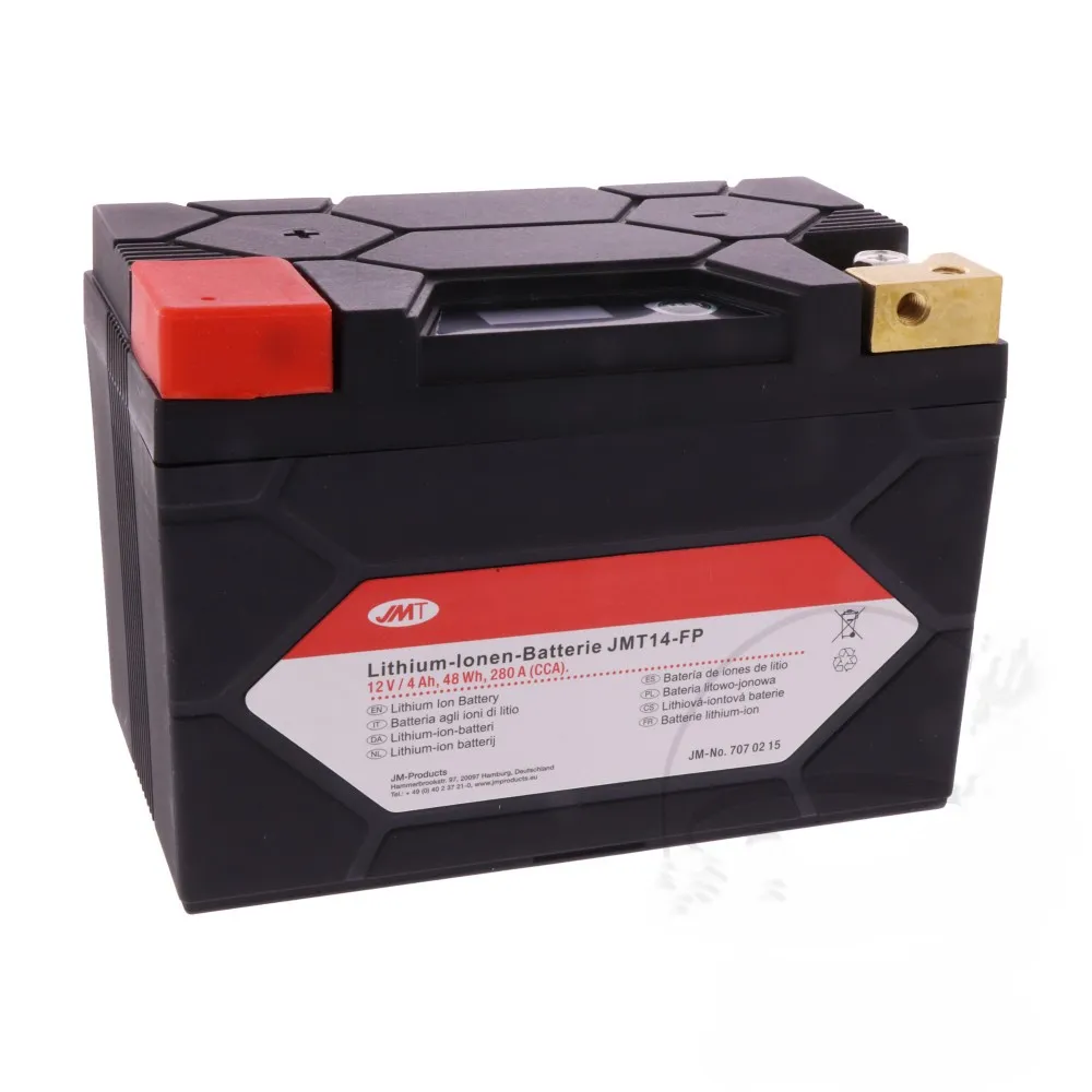 Motorrad BatterieJMT14-FP JMT Lithium-Ion mit LED-Anzeige 150x87x105 mm LxBxH - 48 Wh - nur 1,4 kg - Pluspol vorne links